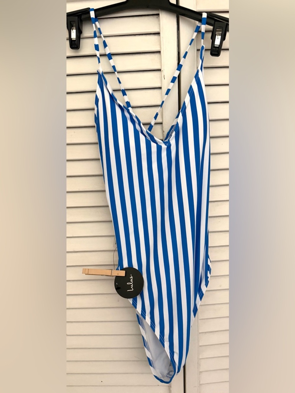 NEW Lulu's Blue and White Striped Lace up back One-Piece - Picture 4 of 12